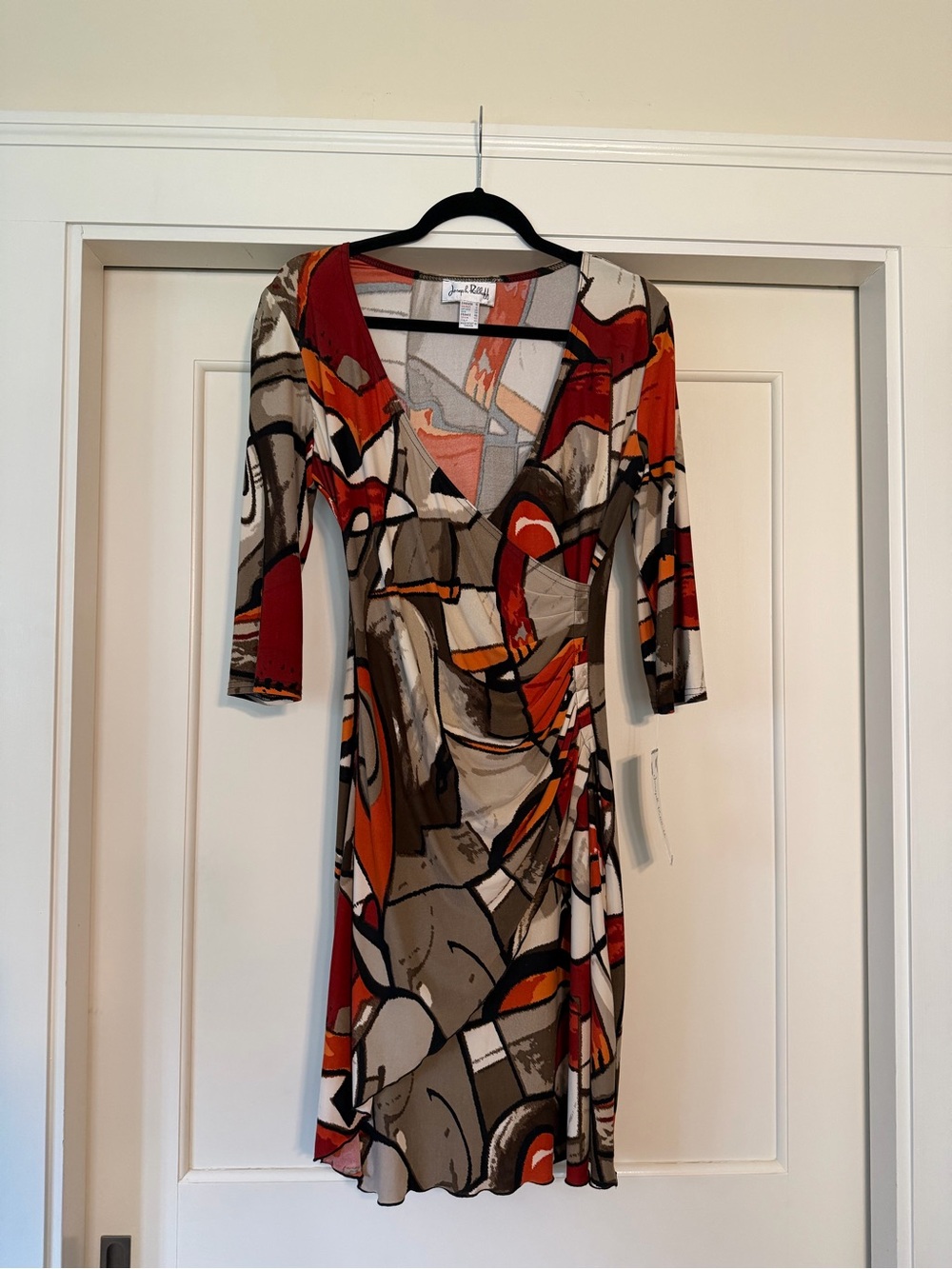 Joseph Ribkoff NWT Abstract Print Faux Wrap Ruched Jersey Dress Rust Size 10